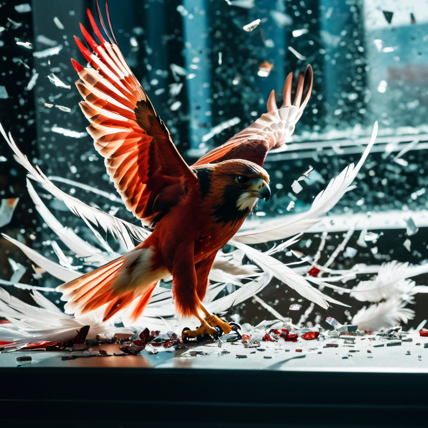 Red Falcon shattering a Window