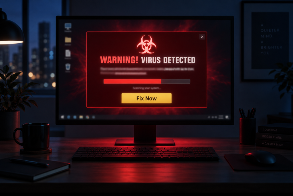 A monitor at night displaying a scareware pop-up: a fake virus warning with a red dialog, biohazard icon, scan bar, and a Fix Now button designed to frighten the user into paying.