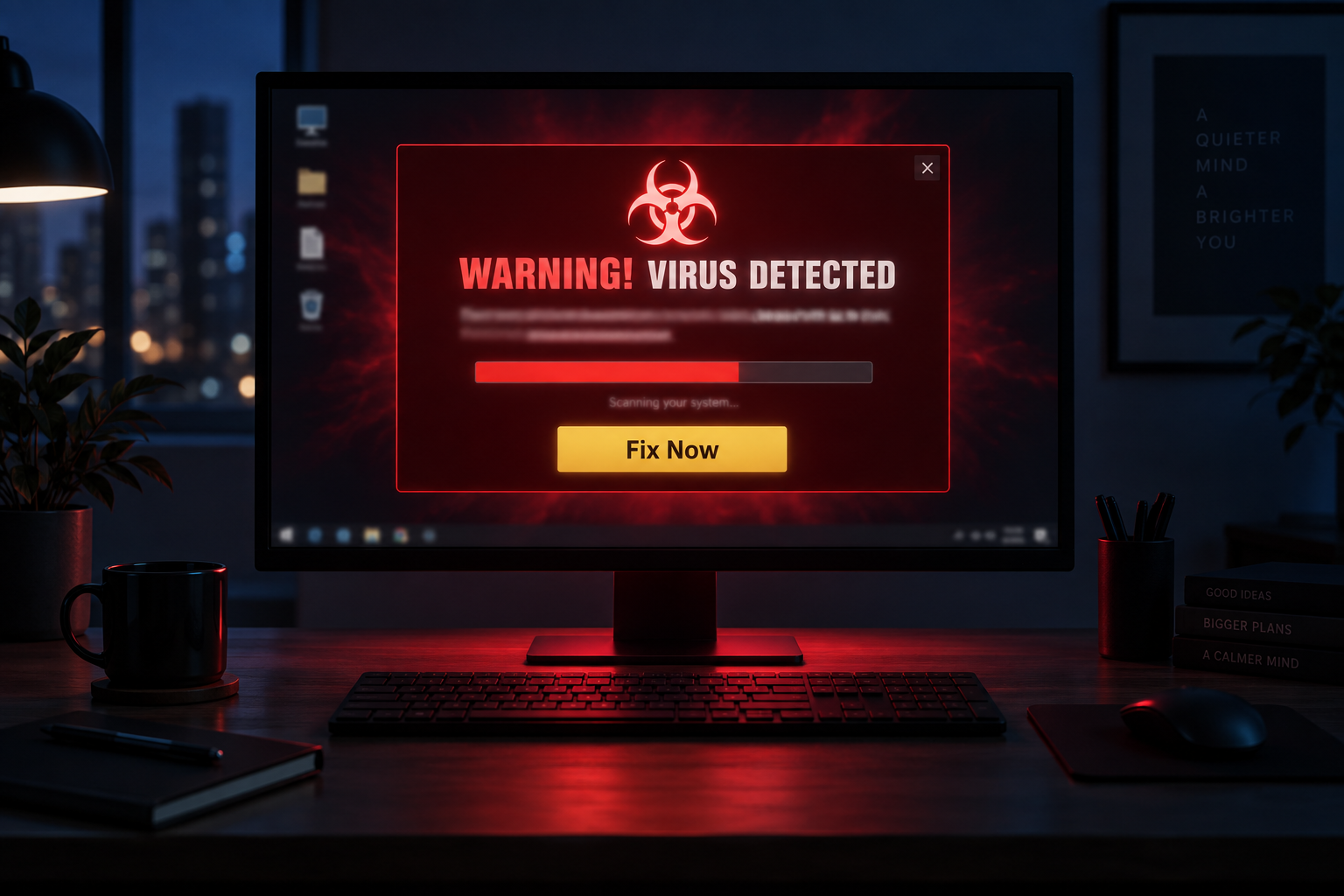 A monitor at night displaying a scareware pop-up: a fake virus warning with a red dialog, biohazard icon, scan bar, and a Fix Now button designed to frighten the user into paying.